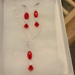 Red beaded necklace and earring set